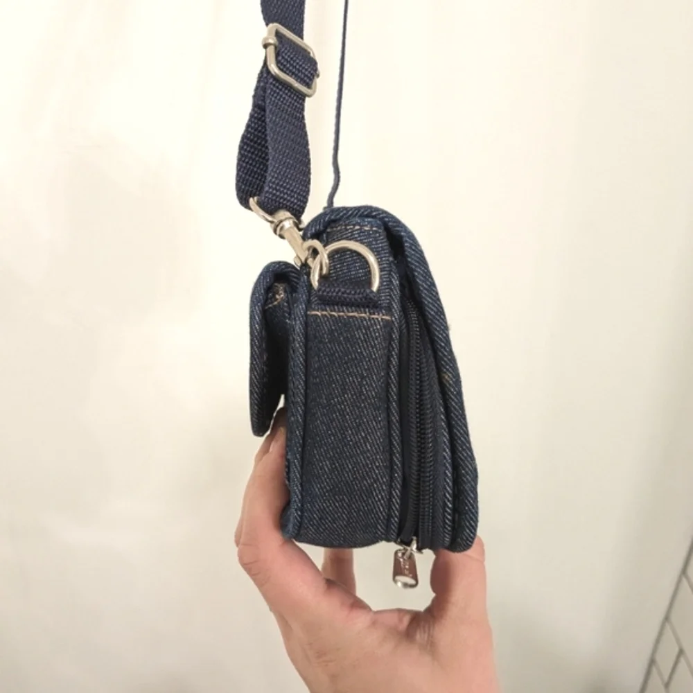 Vintage Denim Crossbody Bag with Red Handprint Accent